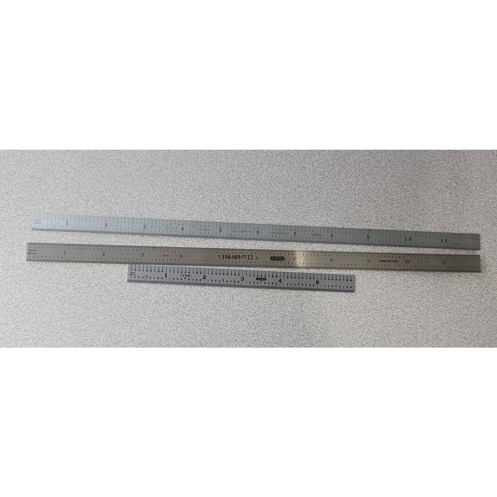 General (2) Stainless Steel Scales 12"  6" and (1) UnMarked 12" Total (3) Scales